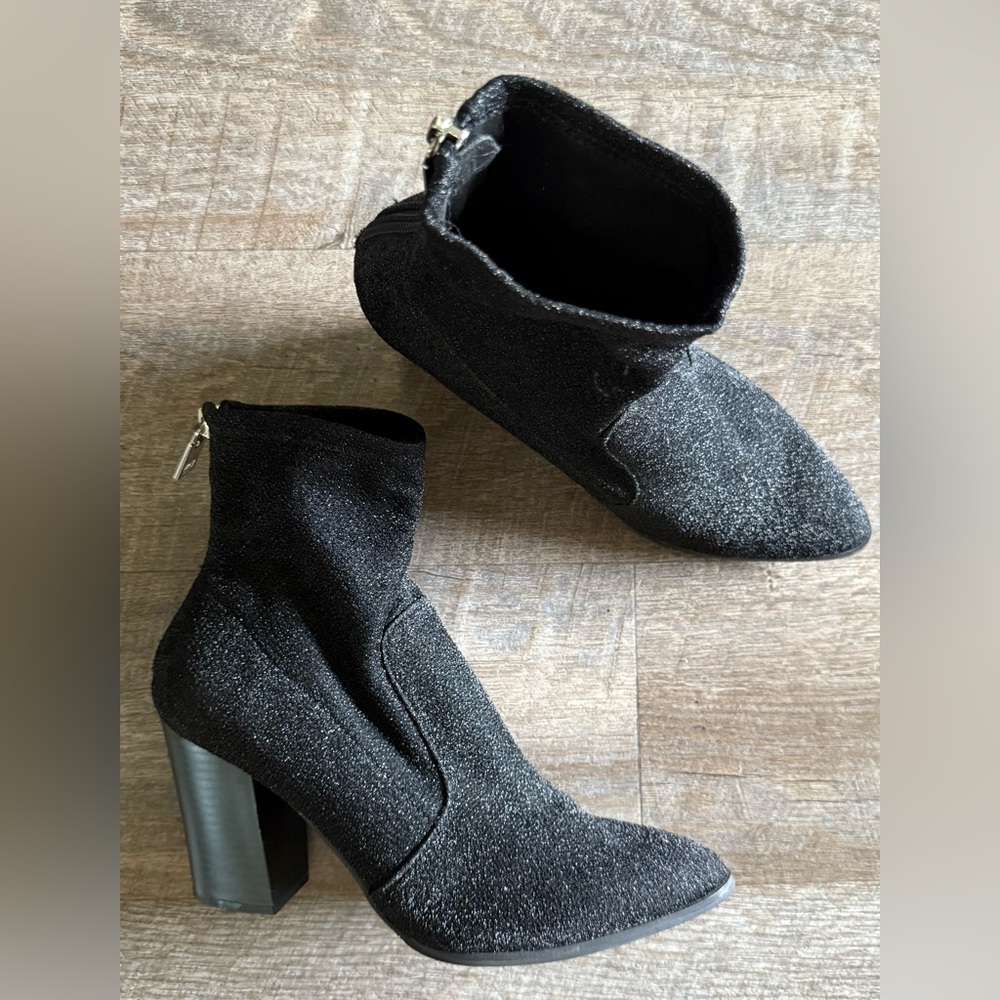 dv Dolce Vita Elana sparkle stretch black bootie ankle boot chunky heel zip